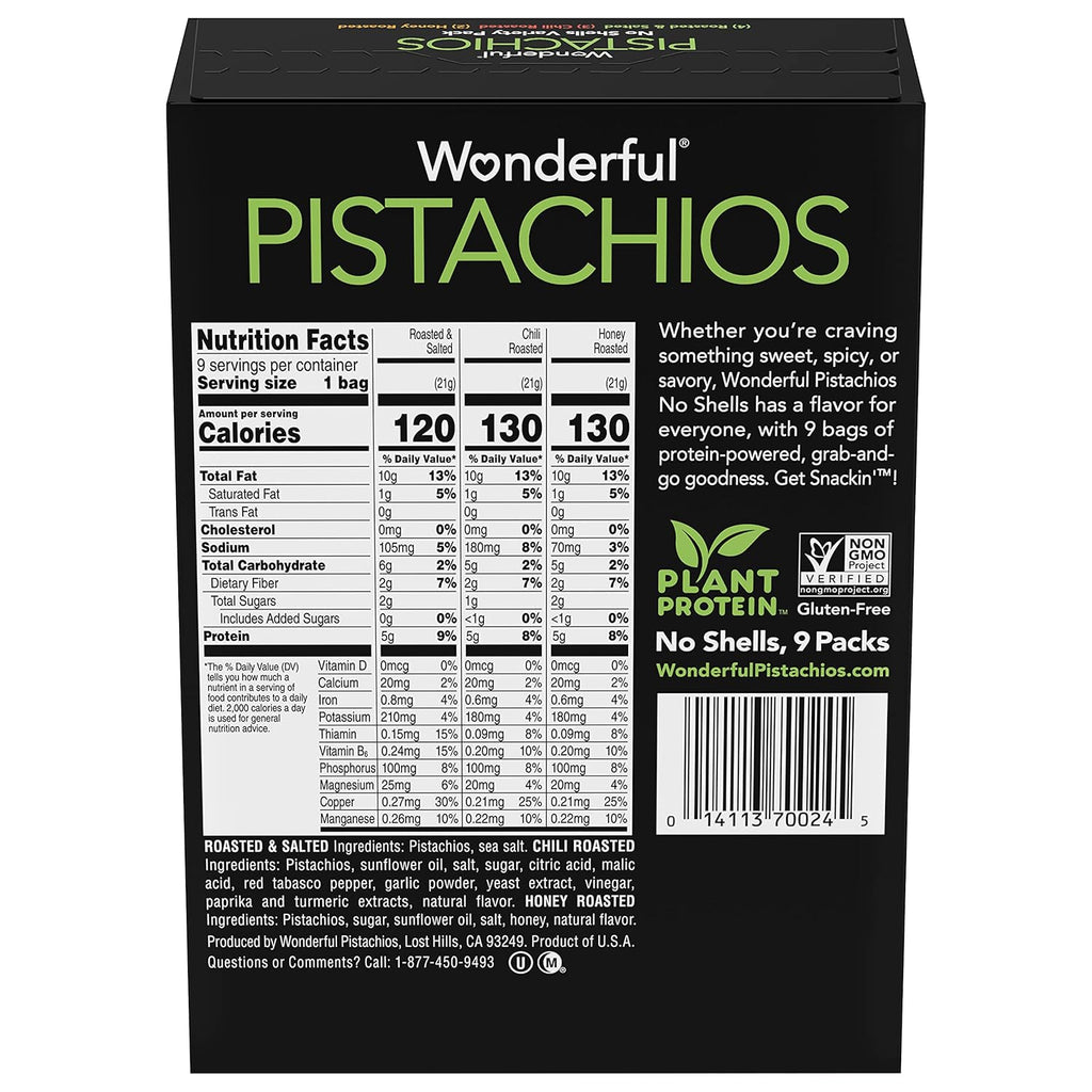 Wonderful Pistachios No Shells, 3 Flavors Mixed Variety Pack of 9 (0.75 Ounce), Roasted & Salted Nuts (4), Chili (3), Honey (2), Protein Snacks, Gluten Free, Pantry Staples, Healthy Snacks Variety Pack for Adults, Stocking Stuffers