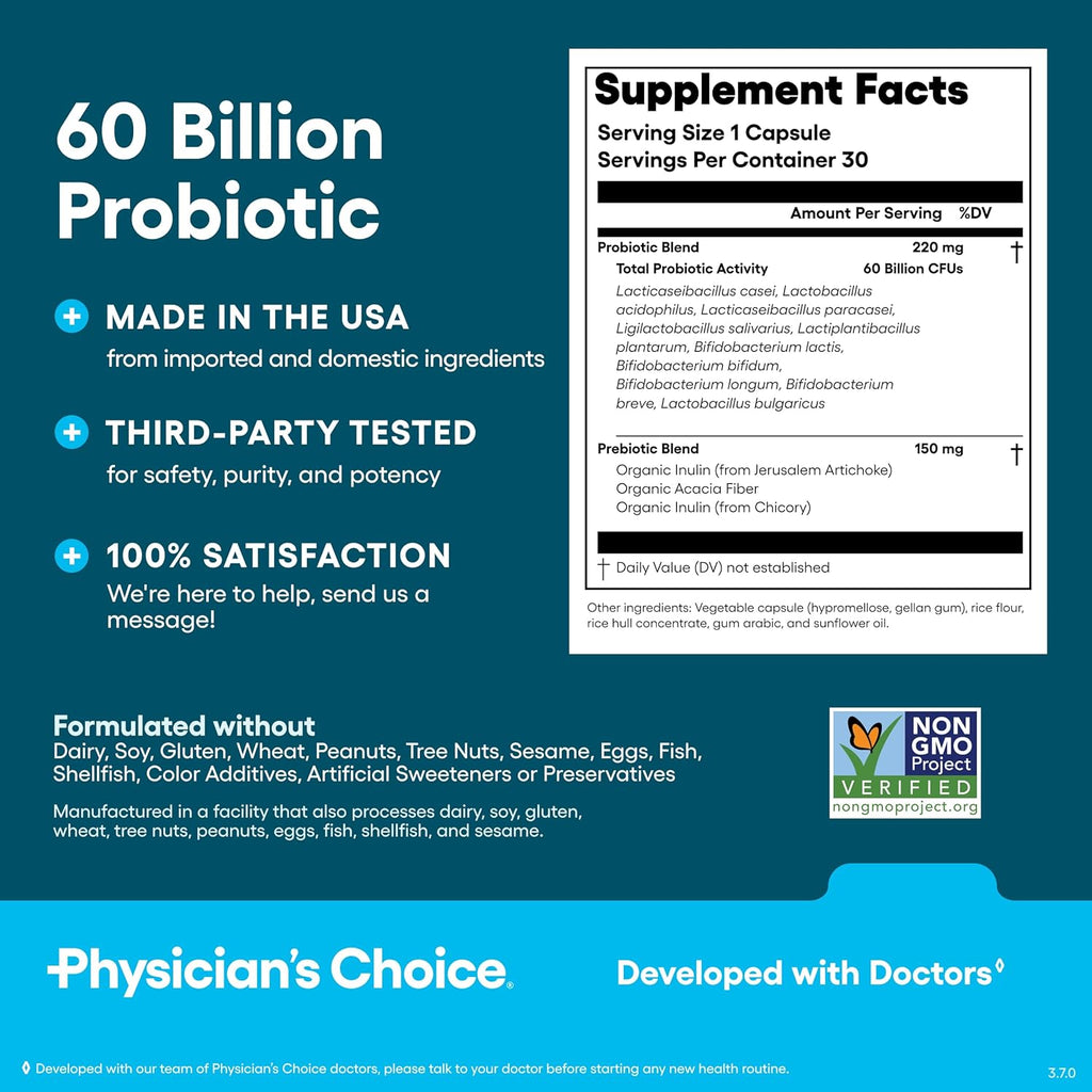 Physician's Choice Probiotics 60 Billion CFU - 10 Strains + Organic Prebiotics - Immune, Digestive & Gut Health - Supports Occasional Constipation, Diarrhea, Gas & Bloating - for Women & Men - 30ct