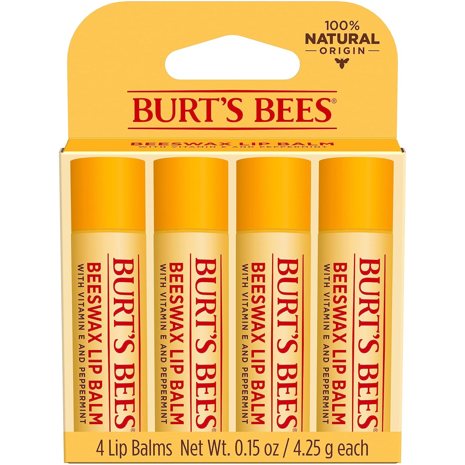 Burt's Bees Lip Balm - Original Beeswax, Lip Moisturizer With Responsibly Sourced Beeswax, Tint-Free, Natural Origin Conditioning Treatment, 4 Tubes, 0.15 oz.