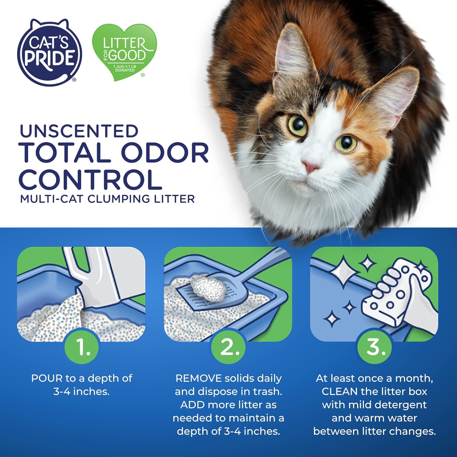 Cat's Pride Max Power: Total Odor Control - Up to 10 Days of Powerful Odor Control - Strong Clumping - Hypoallergenic - 99% Dust Free - Multi-Cat Litter, Unscented, 15 Pounds