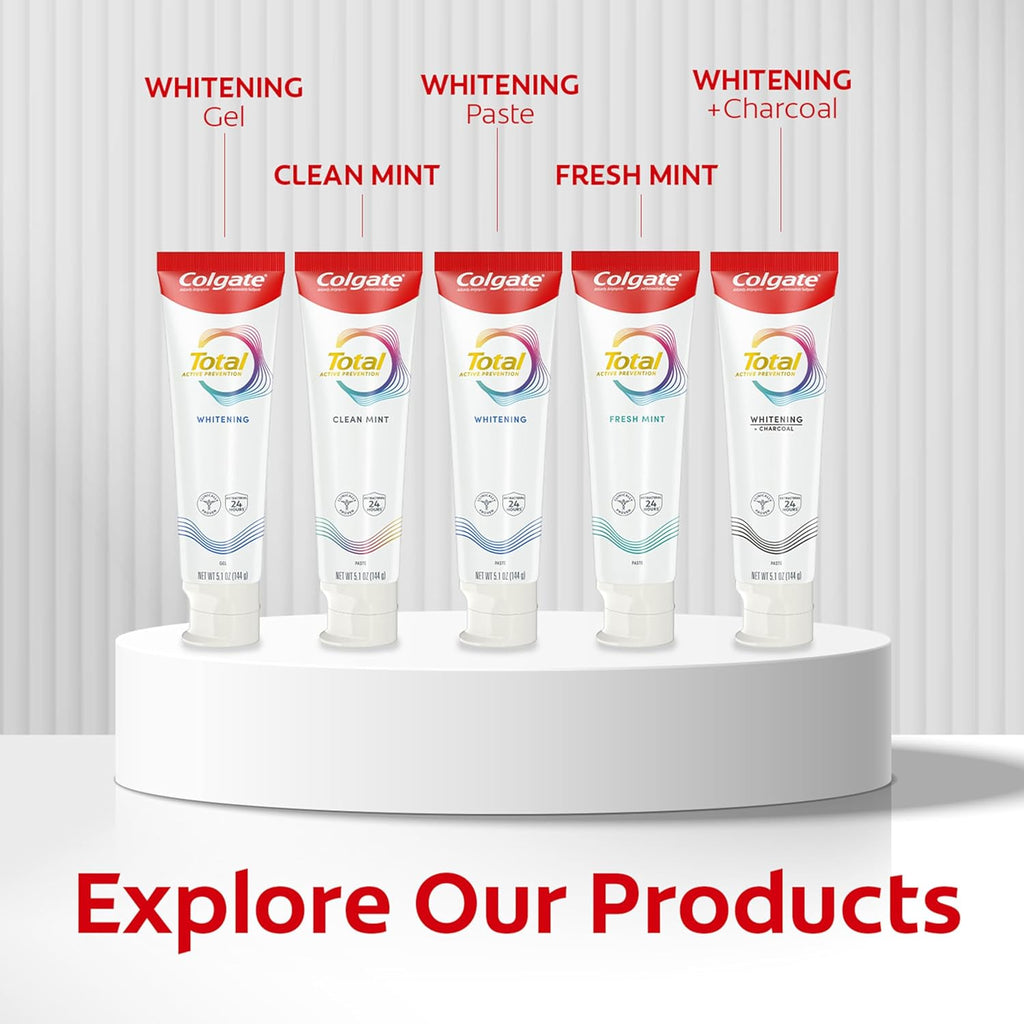 Colgate Total Active Prevention Whitening Gel Toothpaste with Fluoride, Bulk with Clinically Proven Formula That Fights Plaque Bacteria, Mint, 4 Pack, 5.1 oz