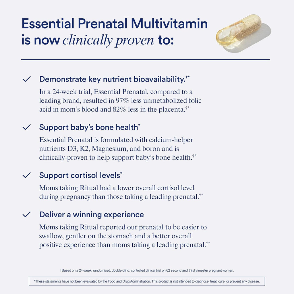 Ritual Essential for Women Prenatal Multivitamin: Folate & Choline for Neural Tube Support, Omega-3 DHA for Fetal Brain Development, Iron, Calcium-Helper D3 & K2, Non-GMO, Vegan, Citrus, 30 Days