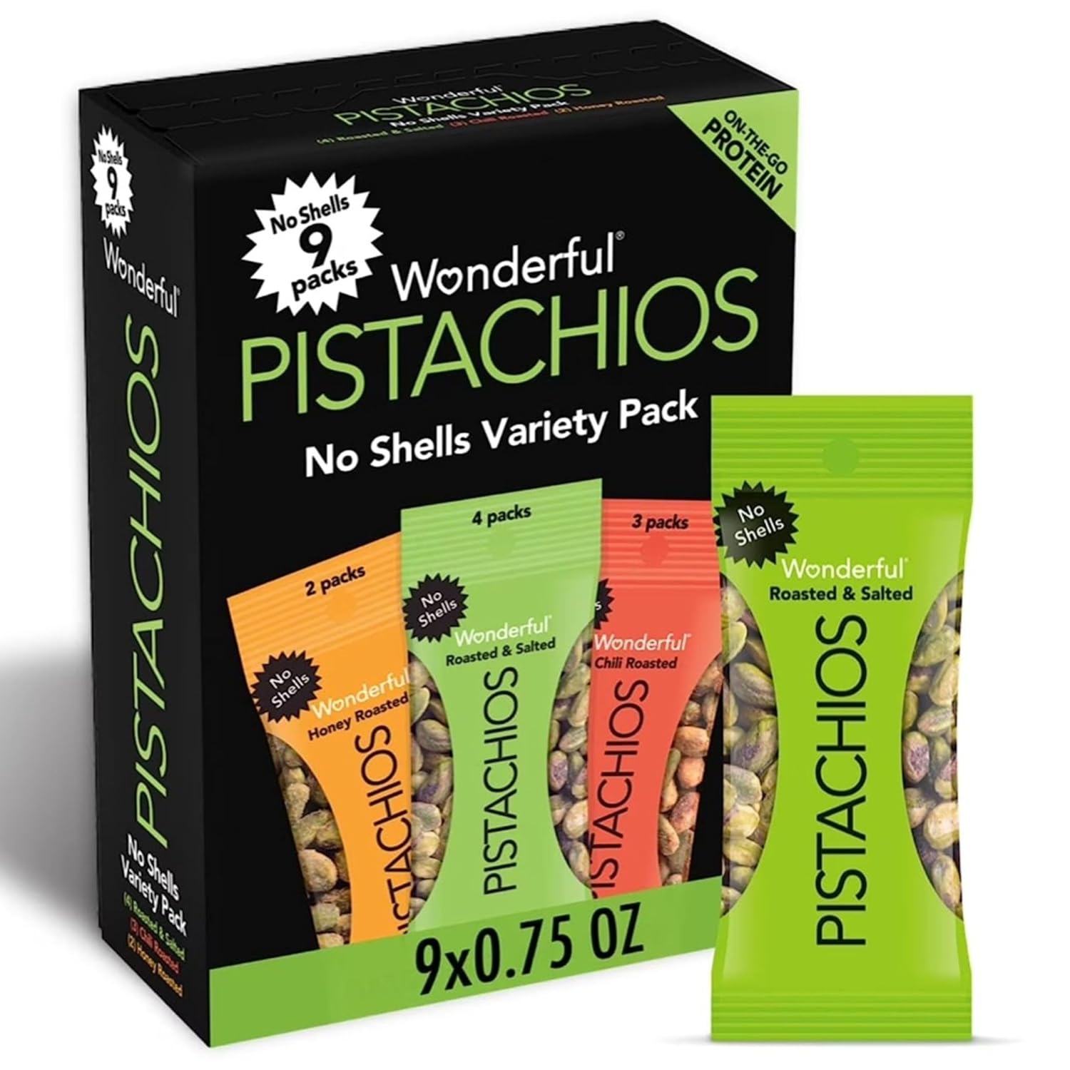 Wonderful Pistachios No Shells, 3 Flavors Mixed Variety Pack of 9 (0.75 Ounce), Roasted & Salted Nuts (4), Chili (3), Honey (2), Protein Snacks, Gluten Free, Pantry Staples, Healthy Snacks Variety Pack for Adults, Stocking Stuffers
