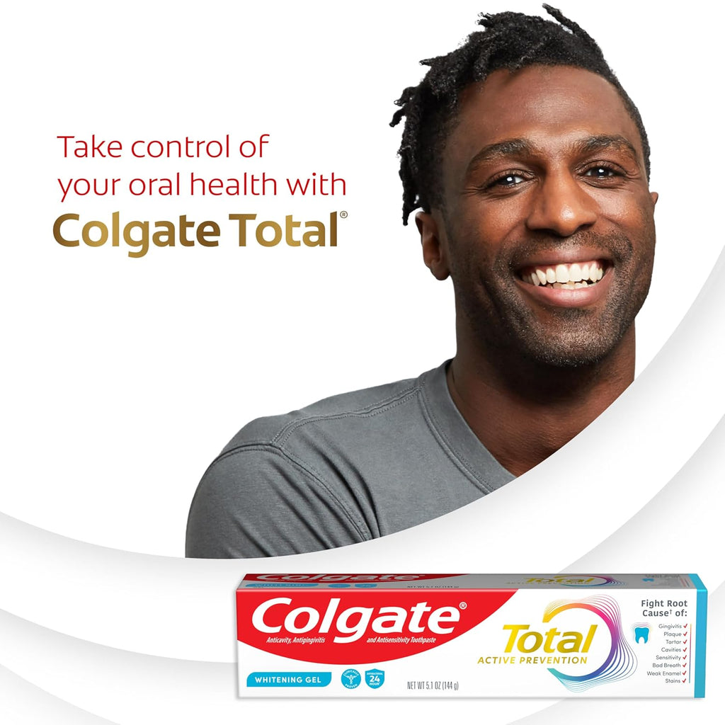 Colgate Total Active Prevention Whitening Gel Toothpaste with Fluoride, Bulk with Clinically Proven Formula That Fights Plaque Bacteria, Mint, 4 Pack, 5.1 oz