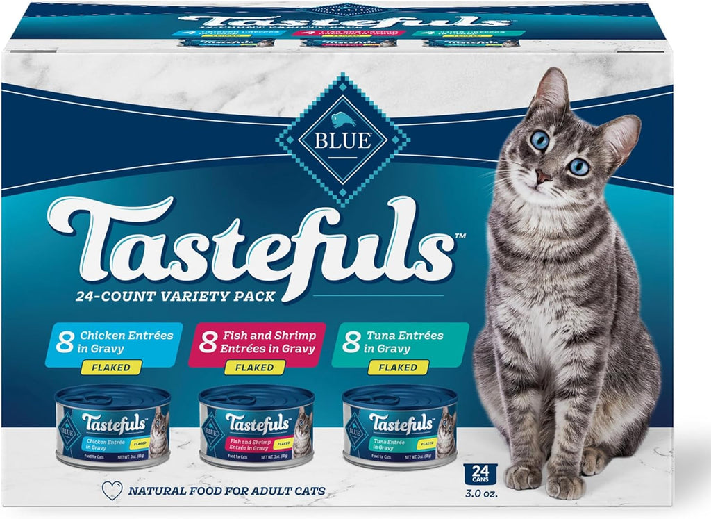 *Blue Buffalo Tastefuls Flaked Wet Cat Food Variety Pack, Made with Natural Ingredients, Tuna, Chicken, Fish & Shrimp, 3-oz Cans (12 Count, 4 of Each)