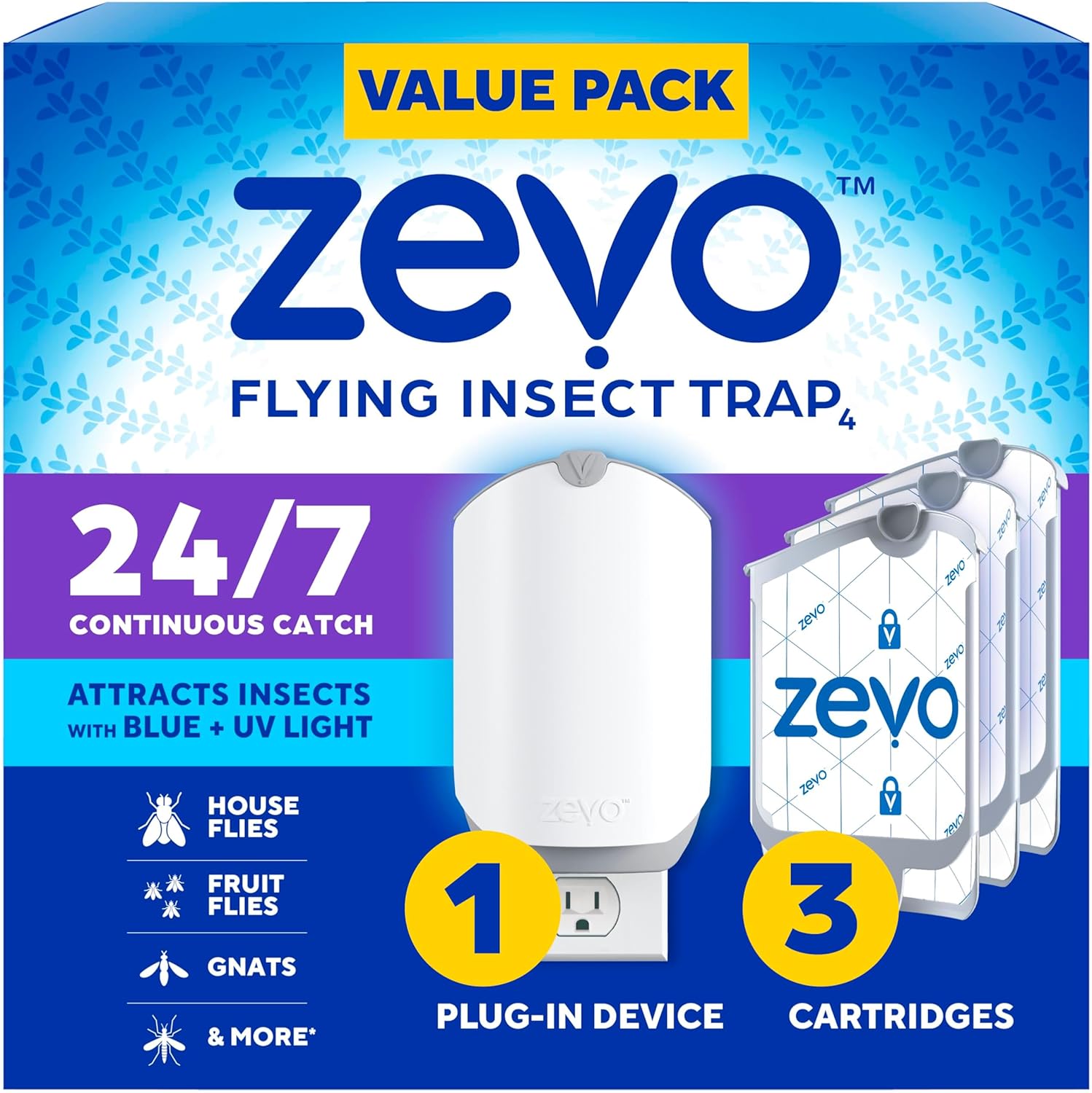 Zevo™ Flying Insect Trap™ (1 Device & 3 Refill Cartridges) - Plug in Fly Trap & Indoor Bug Catcher for Gnats, House & Fruit Flies