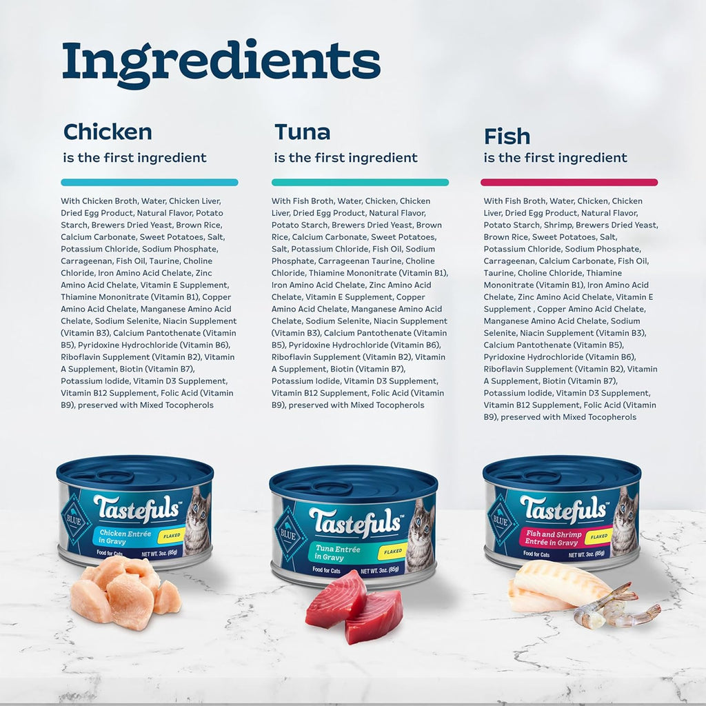 *Blue Buffalo Tastefuls Flaked Wet Cat Food Variety Pack, Made with Natural Ingredients, Tuna, Chicken, Fish & Shrimp, 3-oz Cans (12 Count, 4 of Each)