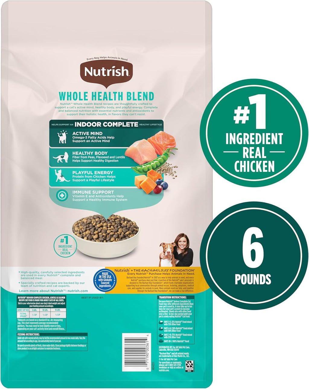 Nutrish Indoor Complete Chicken, Lentils & Salmon Recipe Dry Cat Food, 6 lb. Bag, Packaging May Vary (Rachael Ray)