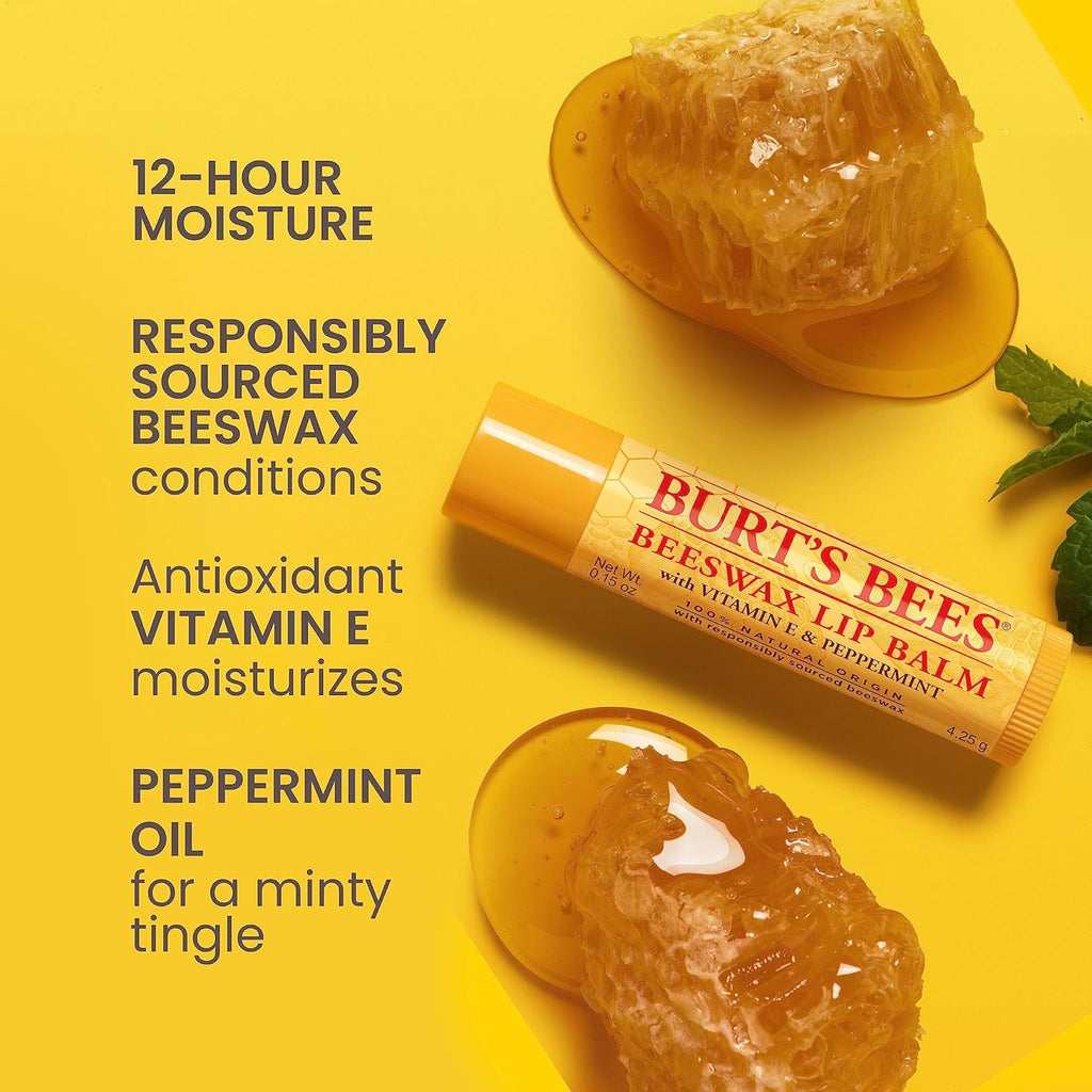 Burt's Bees Lip Balm - Original Beeswax, Lip Moisturizer With Responsibly Sourced Beeswax, Tint-Free, Natural Origin Conditioning Treatment, 4 Tubes, 0.15 oz.