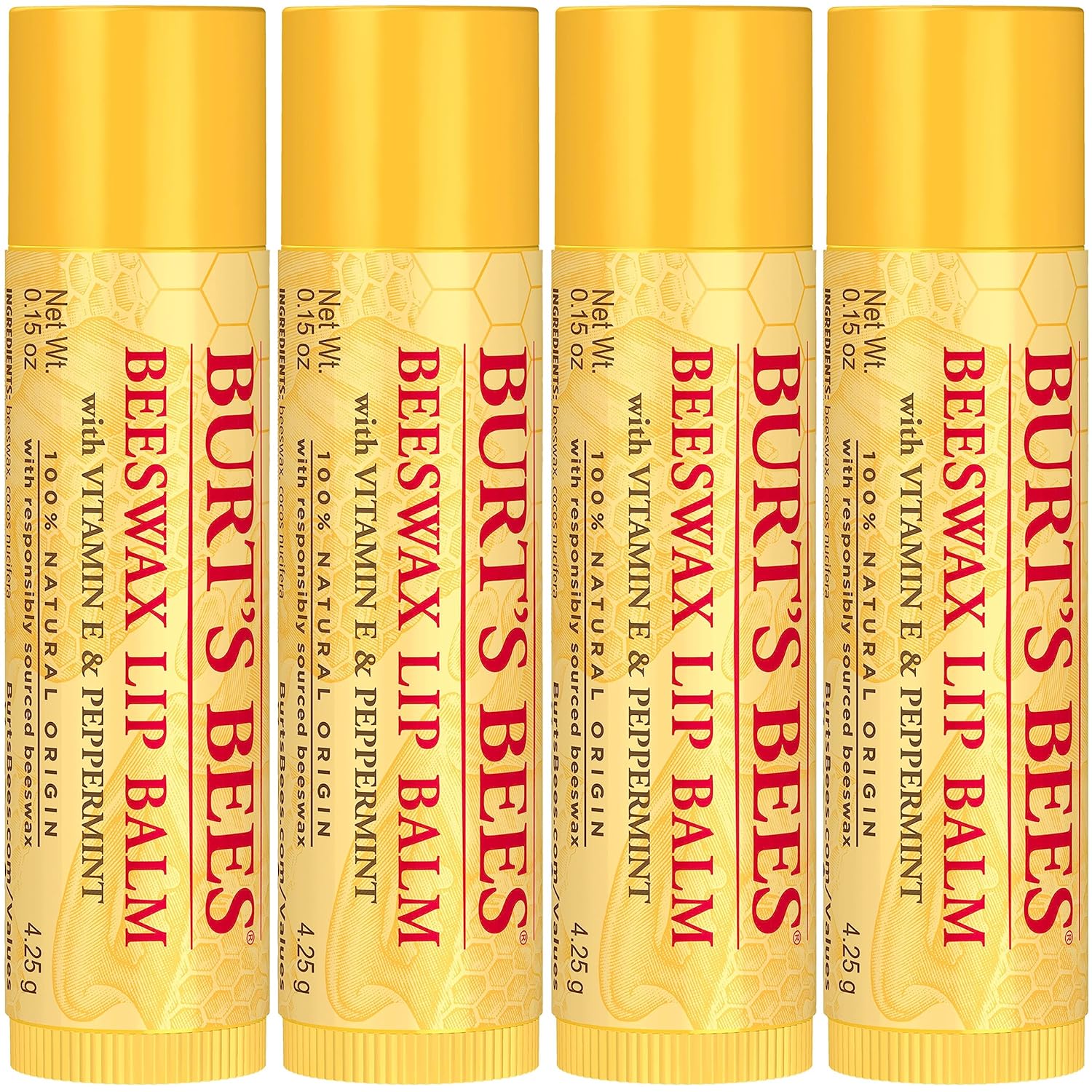 Burt's Bees Lip Balm - Original Beeswax, Lip Moisturizer With Responsibly Sourced Beeswax, Tint-Free, Natural Origin Conditioning Treatment, 4 Tubes, 0.15 oz.